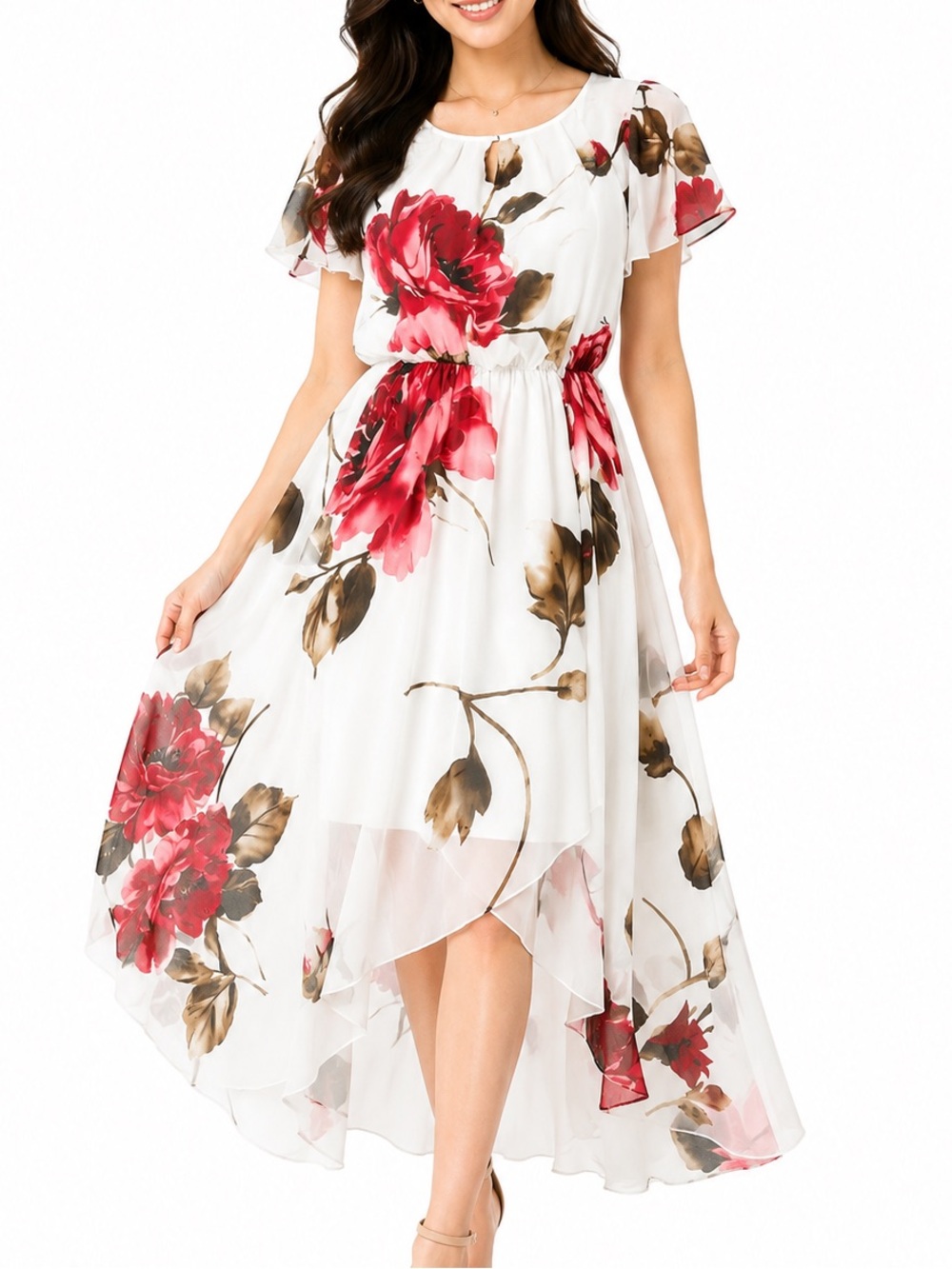 Elegant White Floral High-Low Midi Dress with Red Bloom Print